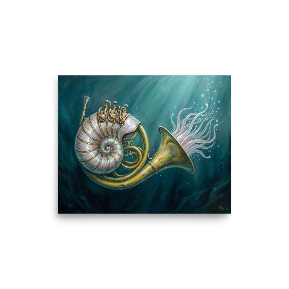 Surrealism wall art exploring music, 'Nautilus in Brass'. A mystical surrealist painting of a nautilus shell merged with a brass French horn underwater, perfect for a modern bathroom.
