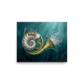 Surrealism wall art exploring music, 'Nautilus in Brass'. A mystical surrealist painting of a nautilus shell merged with a brass French horn underwater, perfect for a modern bathroom.