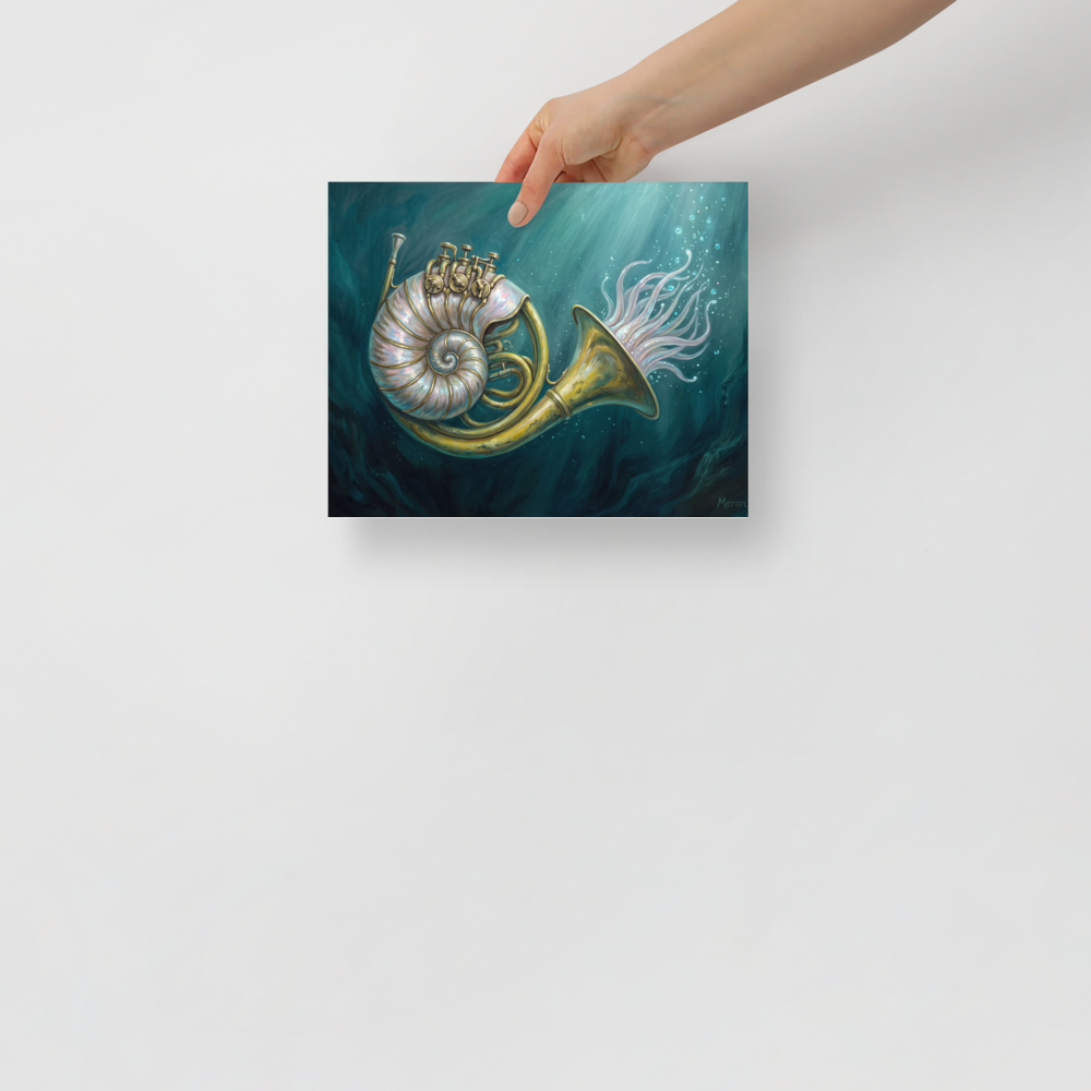 Surrealism wall art for the bathroom, 'Nautilus in Brass'. A mystical surrealist painting of a nautilus shell merged with a brass French horn underwater, perfect for a modern bathroom.