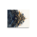 A moody abstract watercolor painting of deep indigo washes and a fractured golden mineral burst, suited for a living room. A Abstract art art print titled 'Mineral Rift'.
