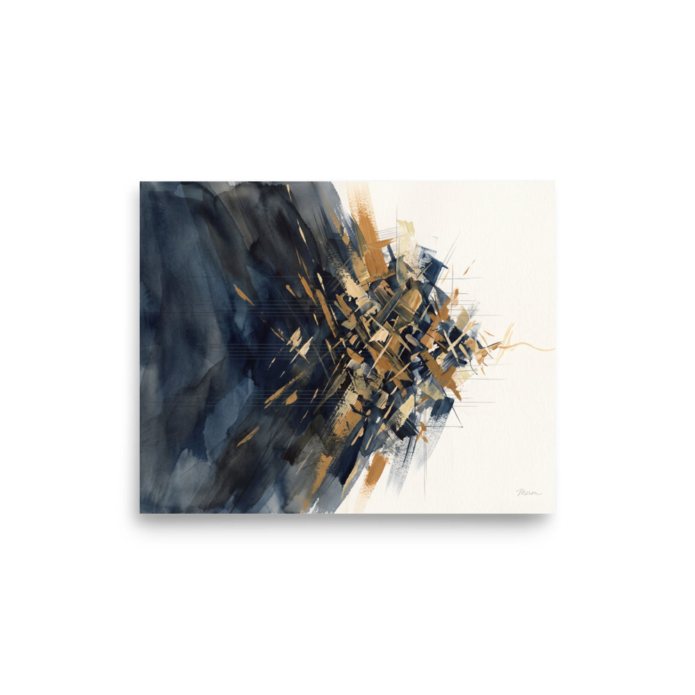 A moody abstract watercolor painting of deep indigo washes and a fractured golden mineral burst, suited for a living room. A Abstract art art print titled 'Mineral Rift'.