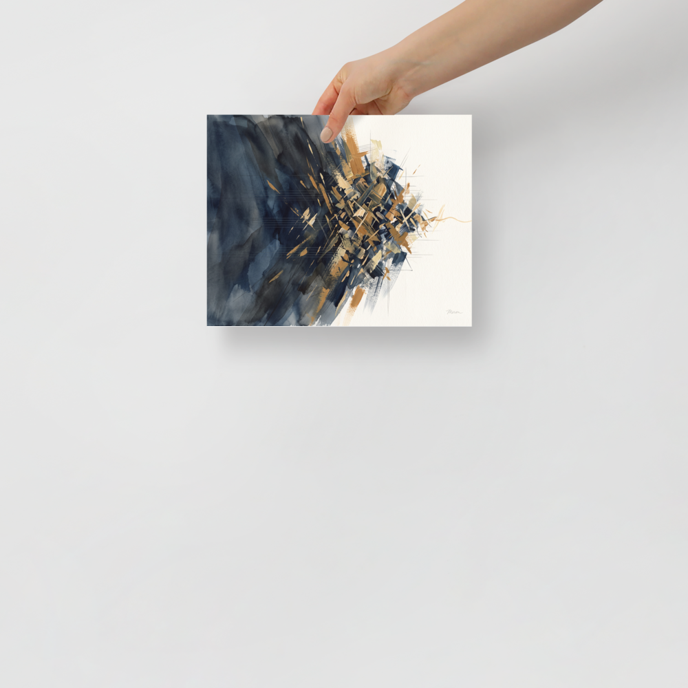 Abstract art wall art for the living room, 'Mineral Rift'. A moody abstract watercolor painting of deep indigo washes and a fractured golden mineral burst, suited for a living room.