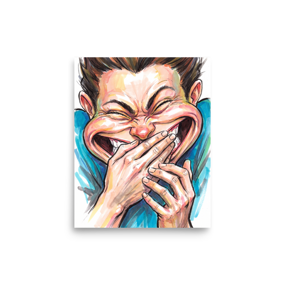 An expressive caricature illustration of a young man laughing heartily, perfect as game room wall art. A Pop art art print titled 'Burst of Laughter'.