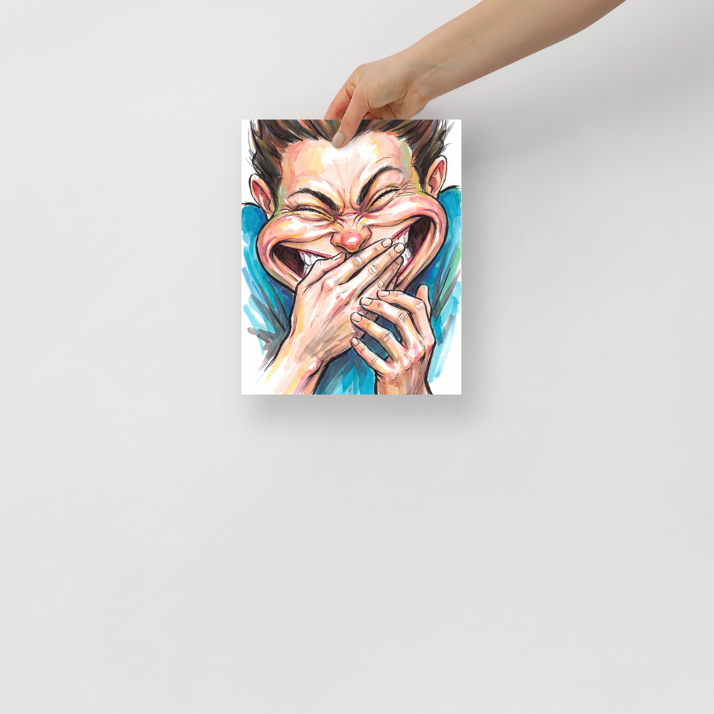 An expressive caricature illustration of a young man laughing heartily, perfect as game room wall art. A Pop art art print titled 'Burst of Laughter'.