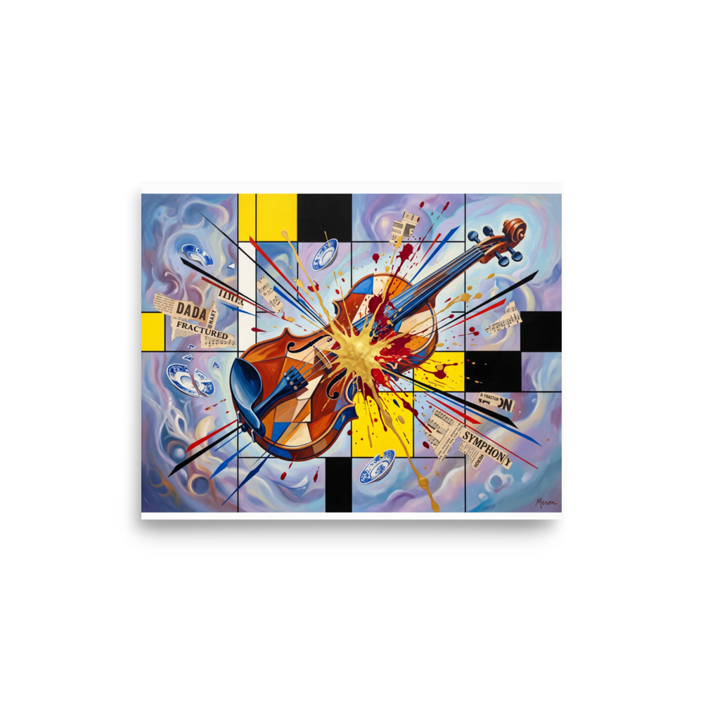 The Dada print 'Fractured Symphony'. Dadaist collage artwork featuring an exploding violin with gold paint splatter over grid lines, perfect for a modern living room wall.