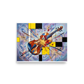 The Dada print 'Fractured Symphony'. Dadaist collage artwork featuring an exploding violin with gold paint splatter over grid lines, perfect for a modern living room wall.