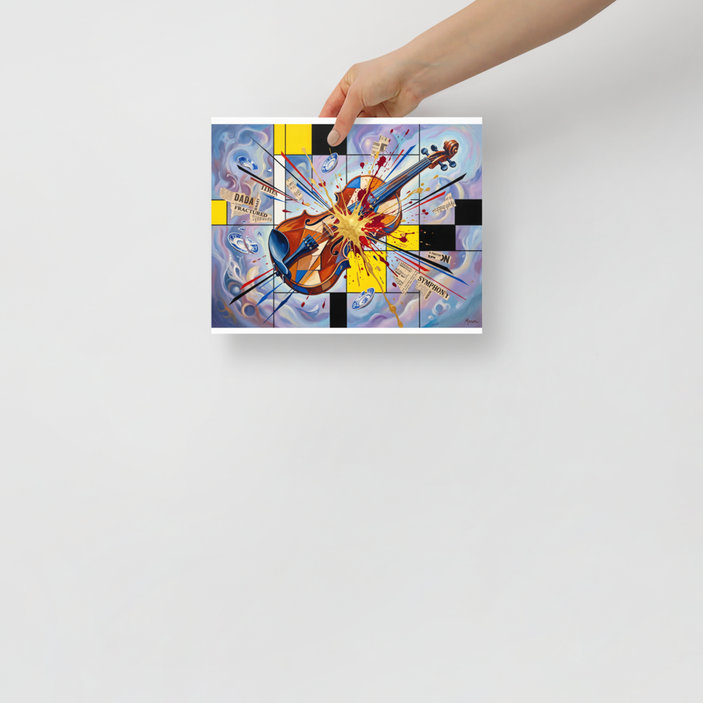 'Fractured Symphony'. Dadaist collage artwork featuring an exploding violin with gold paint splatter over grid lines, perfect for a modern living room wall. Offered as a Dada print.