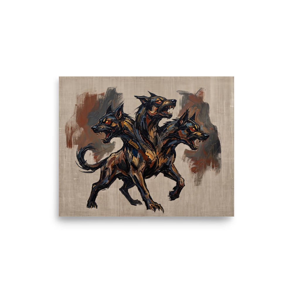 A textured oil painting of Cerberus, the three-headed dog with glowing eyes, an imposing piece for a Game Room or Man Cave. A Expressionism art print titled 'Guardian of the Underworld'.