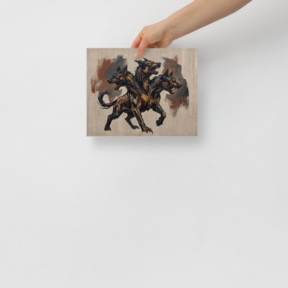 'Guardian of the Underworld' by Meron. A textured oil painting of Cerberus, the three-headed dog with glowing eyes, an imposing piece for a Game Room or Man Cave. A Expressionism wall art print.