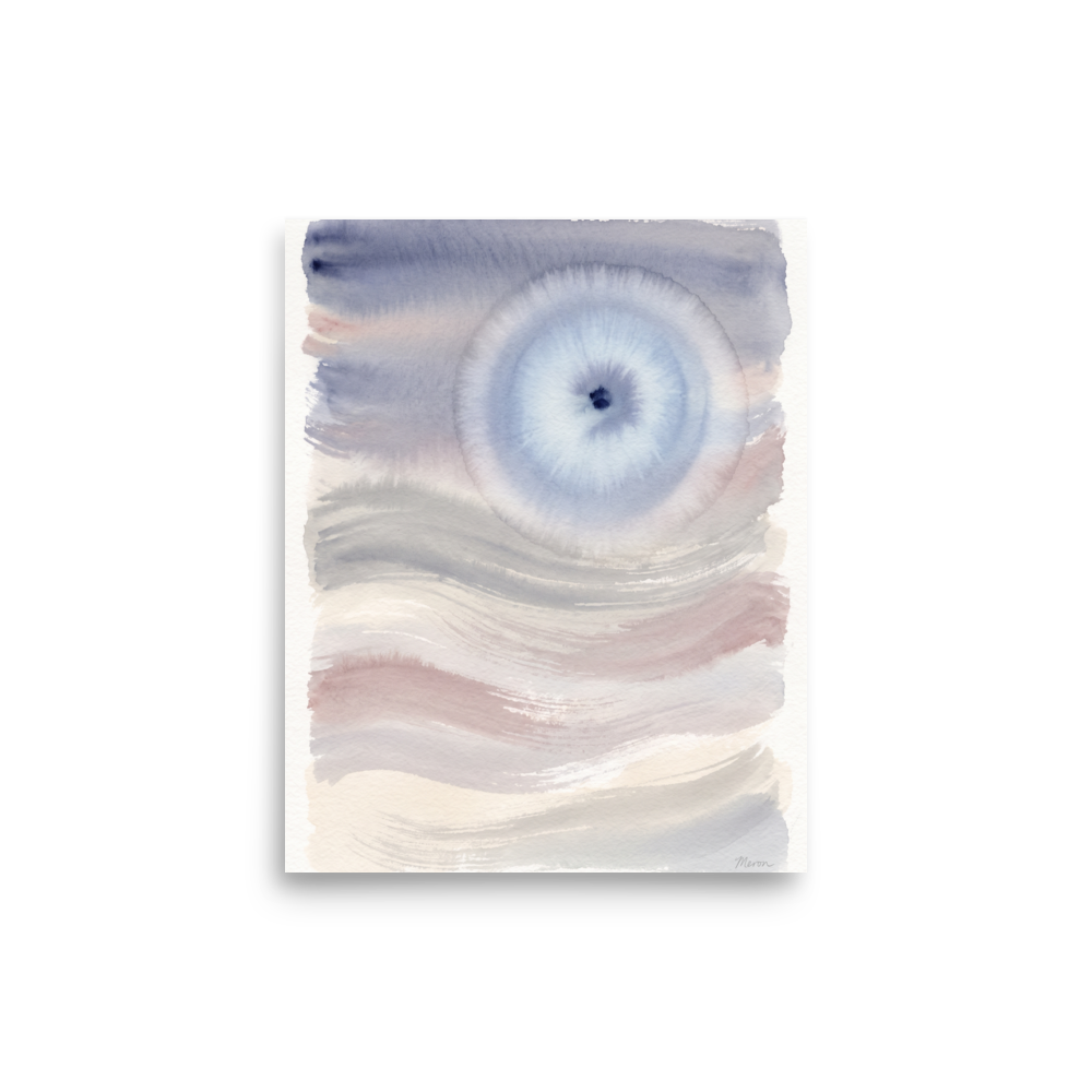A calmness scene in slate gray and light blue, 'Periwinkle Halo'. A diffuse periwinkle watercolor halo bloom above soft slate blue and dusty rose horizon washes in a bedroom wall art setting.
