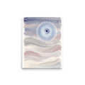 A calmness scene in slate gray and light blue, 'Periwinkle Halo'. A diffuse periwinkle watercolor halo bloom above soft slate blue and dusty rose horizon washes in a bedroom wall art setting.