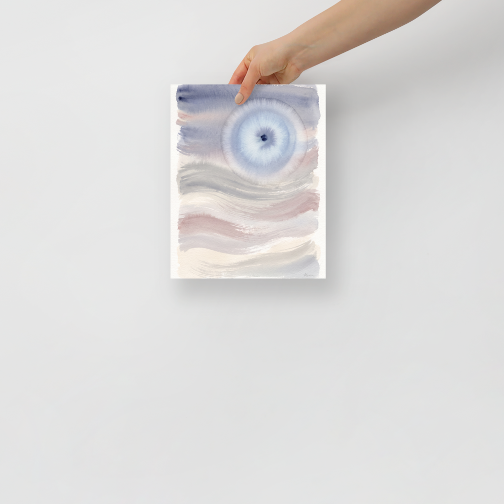 'Periwinkle Halo', part of Meron's Abstract art wall art. A diffuse periwinkle watercolor halo bloom above soft slate blue and dusty rose horizon washes in a bedroom wall art setting.