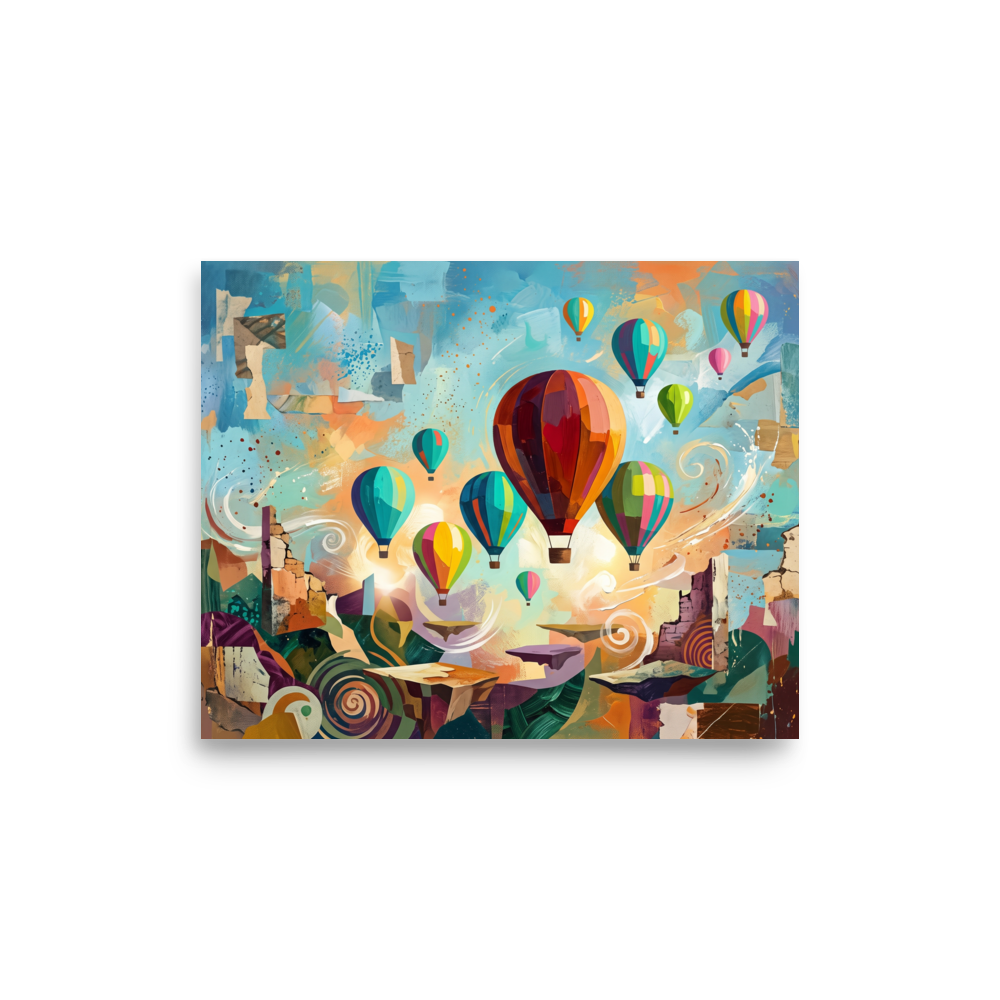 A wonder / awe Dau-al-Set print, 'Skyward Reverie'. Vibrant hot air balloons drift over abstract cliffs in this colorful surrealist artwork that adds wonder to any living room.