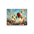 A wonder / awe Dau-al-Set print, 'Skyward Reverie'. Vibrant hot air balloons drift over abstract cliffs in this colorful surrealist artwork that adds wonder to any living room.
