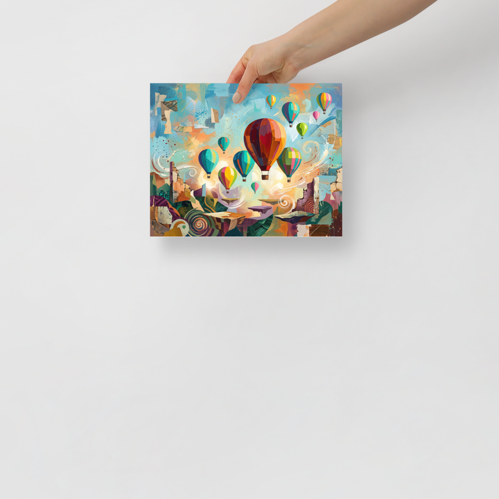 'Skyward Reverie'. Vibrant hot air balloons drift over abstract cliffs in this colorful surrealist artwork that adds wonder to any living room. Offered as a Dau-al-Set print.