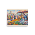 Fine art print 'Morning at the Town Market' in a Pointillism style. A Pointillist painting of a lively open-air market with fresh produce and seafood in a Kitchen decor setting.