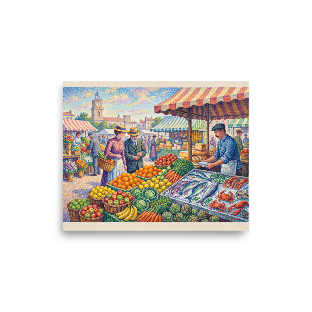 Fine art print 'Morning at the Town Market' in a Pointillism style. A Pointillist painting of a lively open-air market with fresh produce and seafood in a Kitchen decor setting.