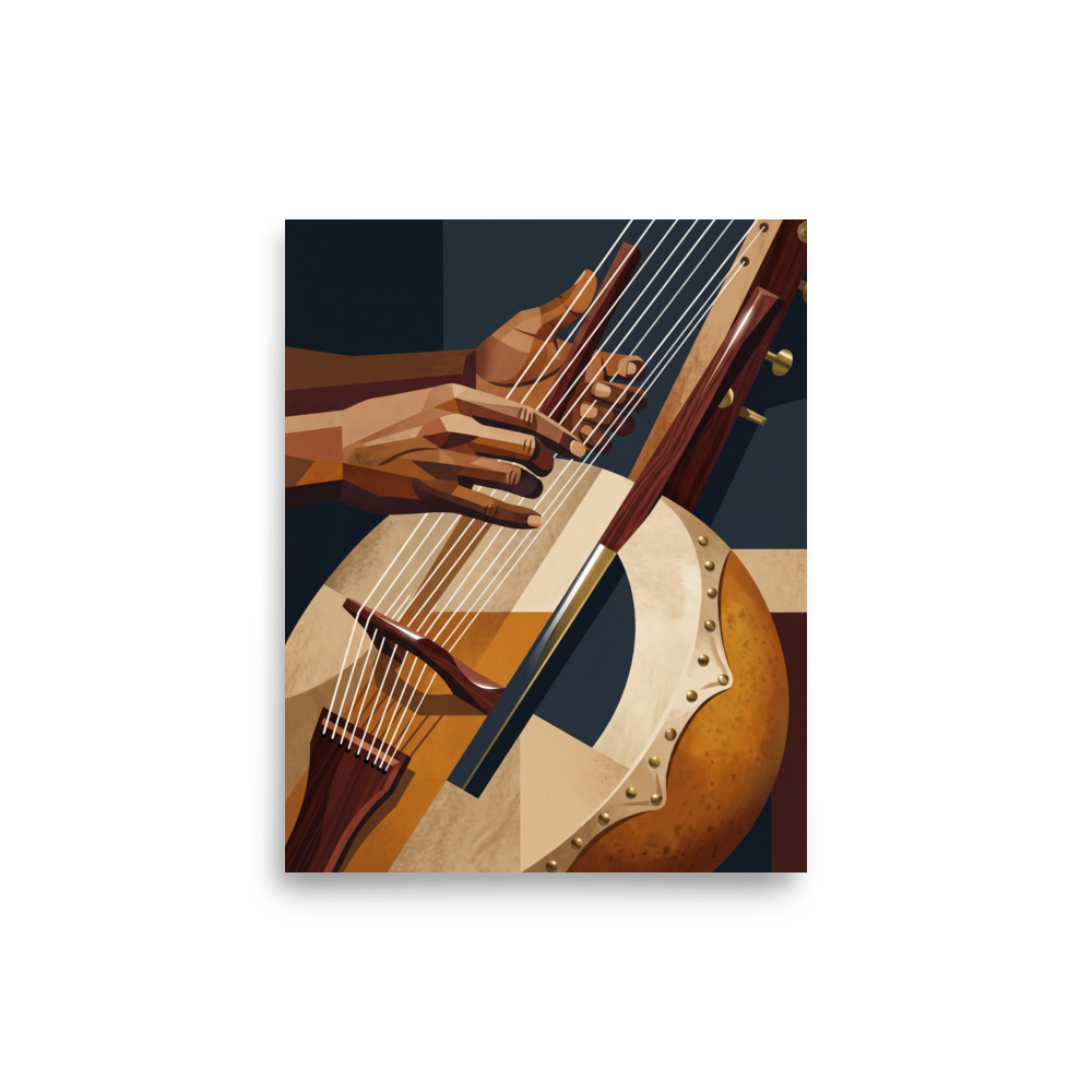 Wall art print 'Faceted Kora Melodies' in a Cubism style. Cubist inspired illustration of hands playing a traditional kora harp lute with geometric planes, perfect for an office.