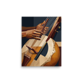 Wall art print 'Faceted Kora Melodies' in a Cubism style. Cubist inspired illustration of hands playing a traditional kora harp lute with geometric planes, perfect for an office.