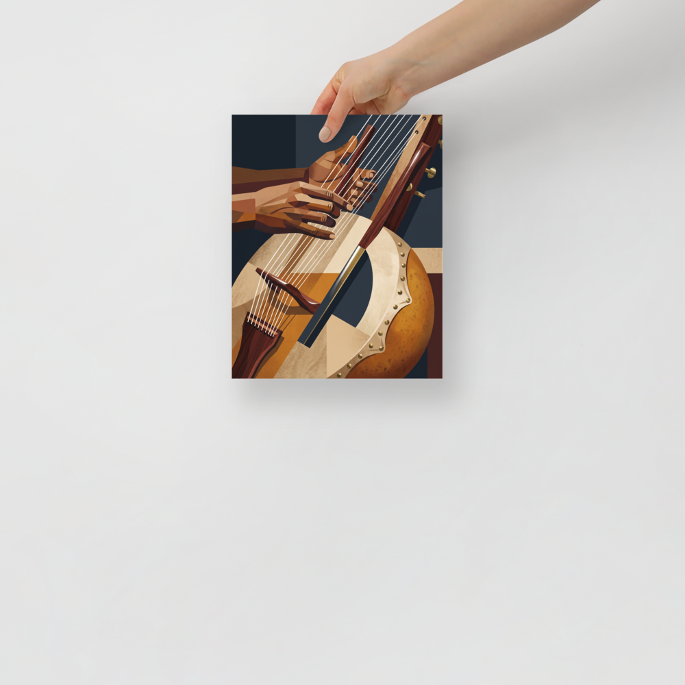 Cubist inspired illustration of hands playing a traditional kora harp lute with geometric planes, perfect for an office. A Cubism art print titled 'Faceted Kora Melodies'.