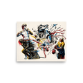 'Masterpiece Action', part of Meron's Pop art wall art. A dynamic pop art illustration featuring Michelangelo's David firing a slingshot alongside Rodin's Thinker and Vermeer's Milkmaid, ideal for a modern living room.