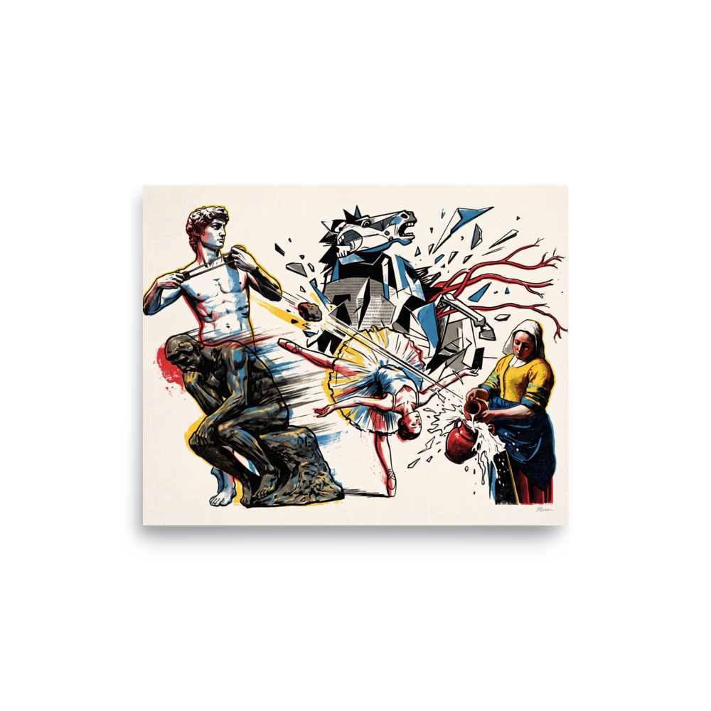 'Masterpiece Action', part of Meron's Pop art wall art. A dynamic pop art illustration featuring Michelangelo's David firing a slingshot alongside Rodin's Thinker and Vermeer's Milkmaid, ideal for a modern living room.