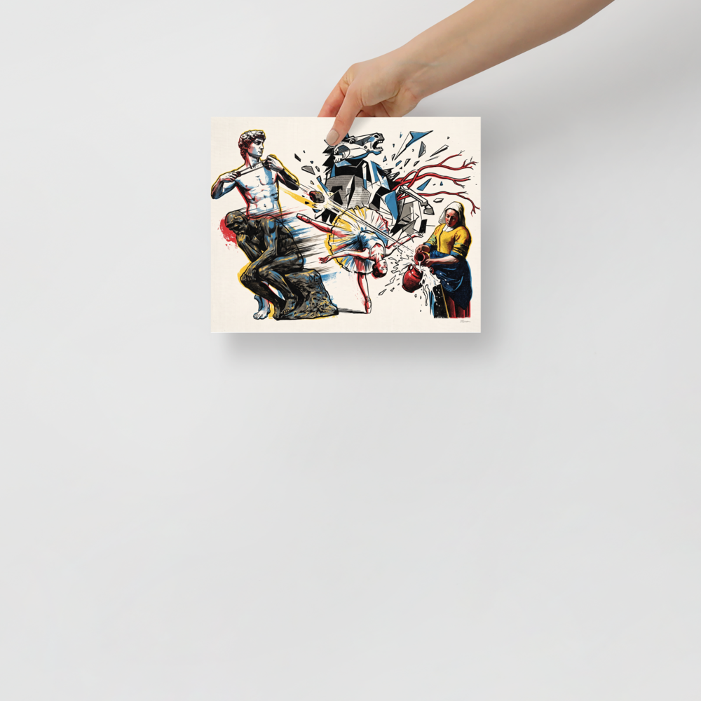 A lively / vibrant scene in yellow and red, 'Masterpiece Action'. A dynamic pop art illustration featuring Michelangelo's David firing a slingshot alongside Rodin's Thinker and Vermeer's Milkmaid, ideal for a modern living room.