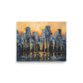 Abstract city skyline oil painting with golden reflections displayed above a office desk. A Abstract art print with a impasto look, titled 'Golden Hour Cityscape'.