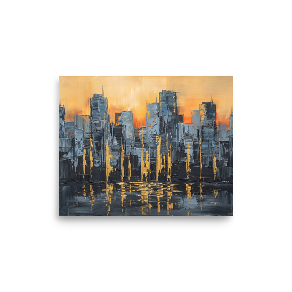Abstract city skyline oil painting with golden reflections displayed above a office desk. A Abstract art print with a impasto look, titled 'Golden Hour Cityscape'.