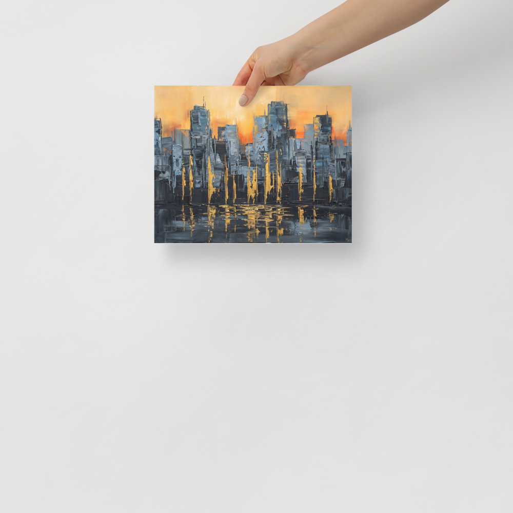 Wall art print 'Golden Hour Cityscape' in a Abstract art style. Abstract city skyline oil painting with golden reflections displayed above a office desk.
