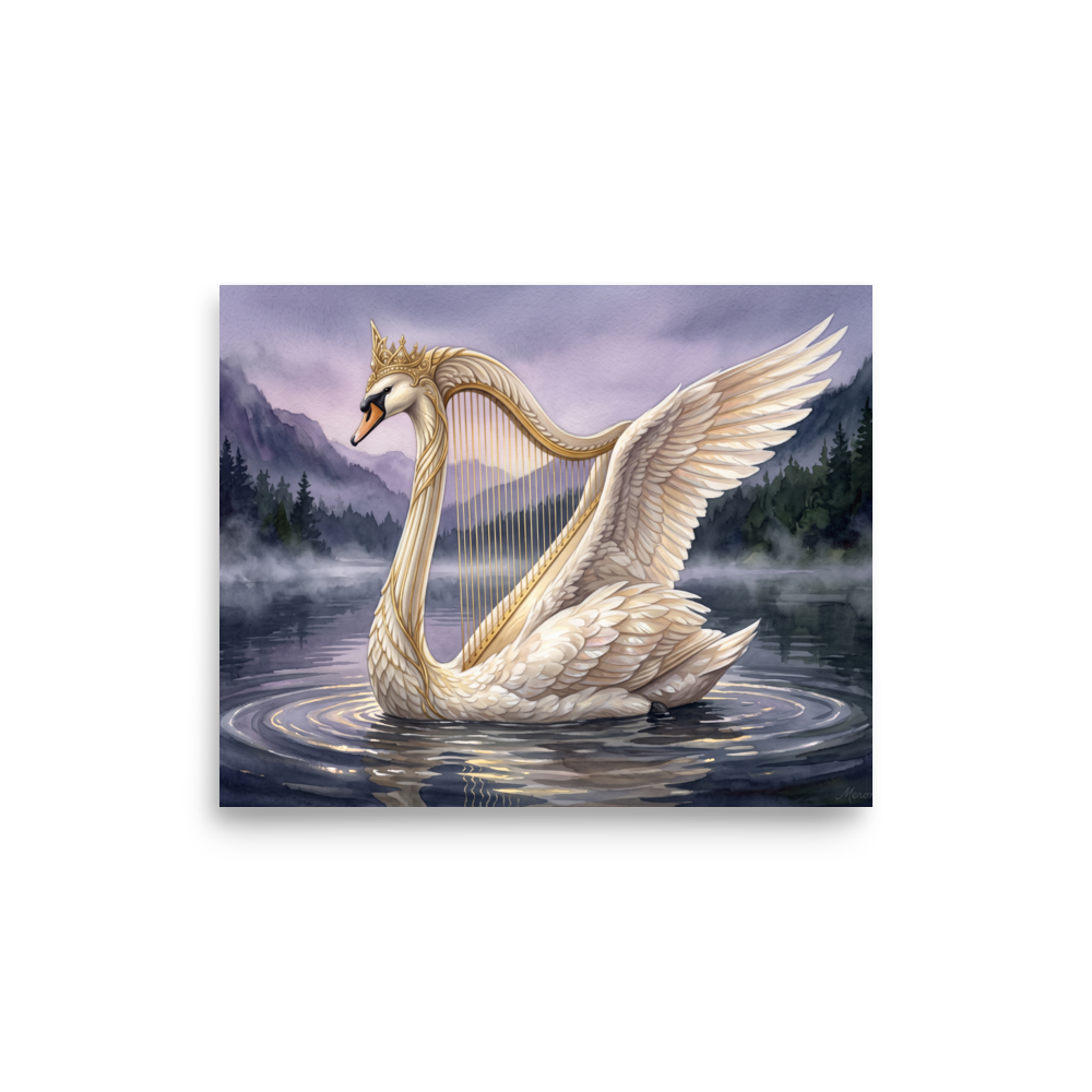 A elegant scene in white and gold, 'The Swan's Serenade'. An elegant watercolor painting of a crowned swan with harp strings drifting across a misty lake, perfect for a peaceful bedroom.