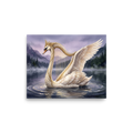 A elegant scene in white and gold, 'The Swan's Serenade'. An elegant watercolor painting of a crowned swan with harp strings drifting across a misty lake, perfect for a peaceful bedroom.