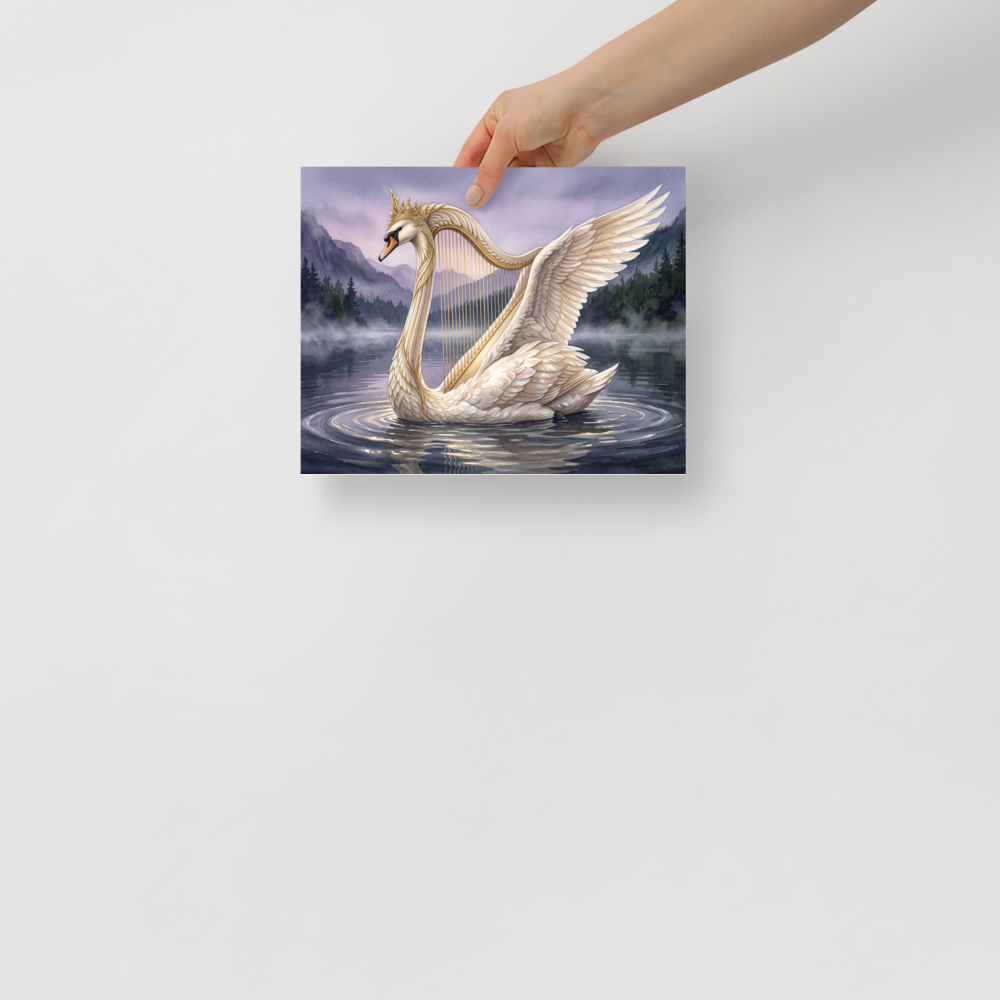 A elegant scene in white and gold, 'The Swan's Serenade'. An elegant watercolor painting of a crowned swan with harp strings drifting across a misty lake, perfect for a peaceful bedroom.