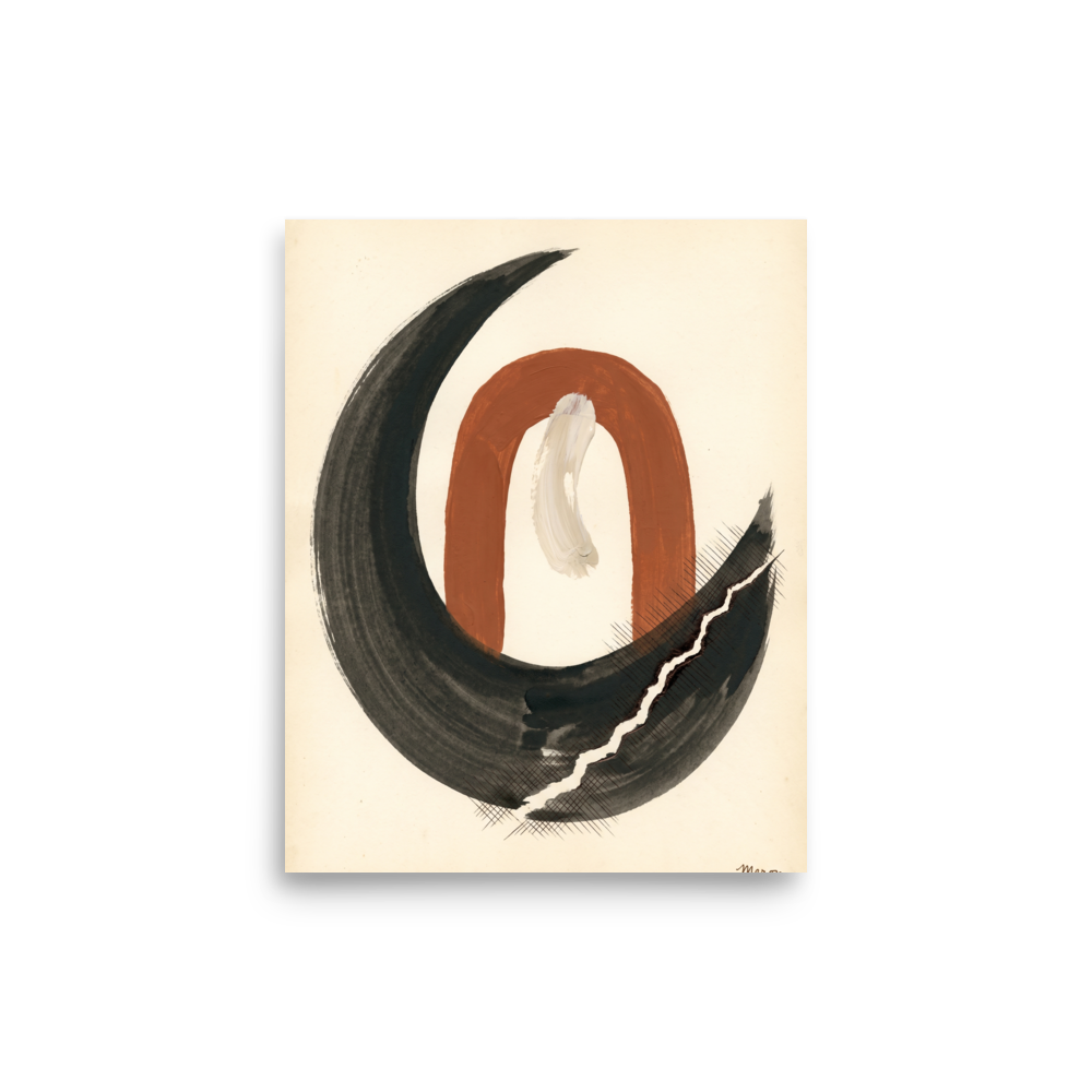 A minimalist abstract print of a terracotta arch enclosed by a black ink crescent, displayed in a calming meditation room. A Minimalism print in black and chocolate, 'Earthen Crescent'.