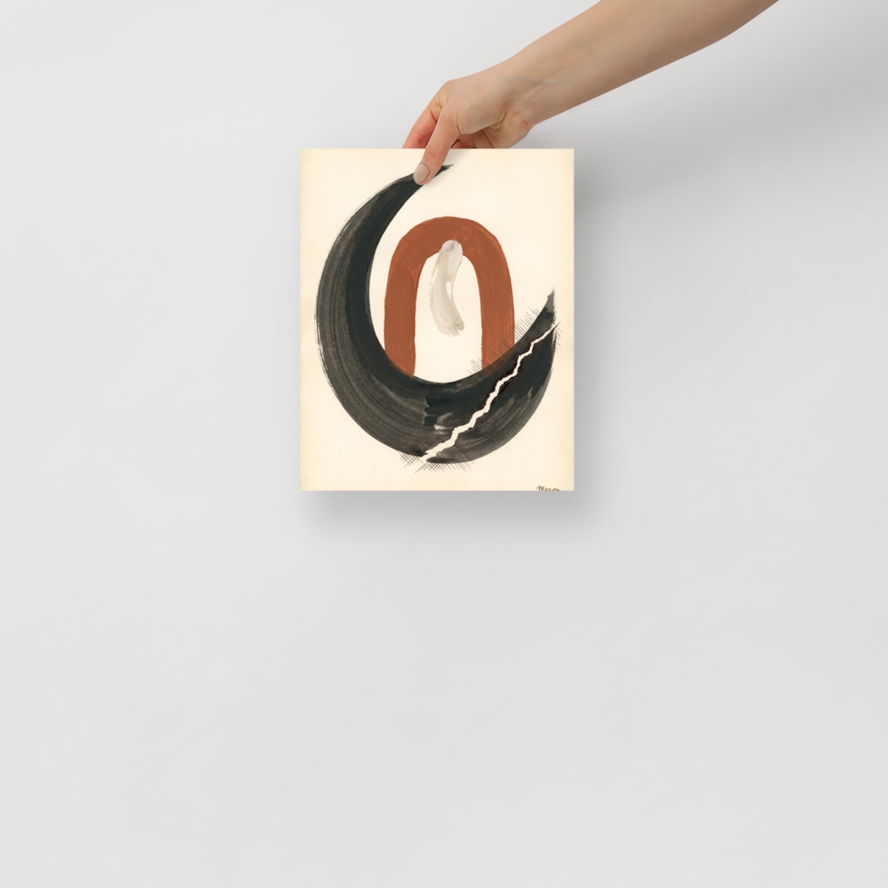A minimalist abstract print of a terracotta arch enclosed by a black ink crescent, displayed in a calming meditation room. A Minimalism print with a freehand brush work look, titled 'Earthen Crescent'.