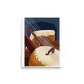 'Strings of the Kora', Modernism wall art in wheat and saddle brown. Close-up illustration of hands plucking a kora harp lute with a drum in the background, ideal for a studio.