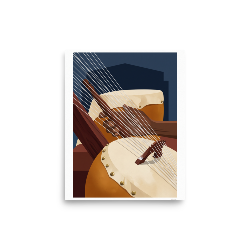 'Strings of the Kora', Modernism wall art in wheat and saddle brown. Close-up illustration of hands plucking a kora harp lute with a drum in the background, ideal for a studio.
