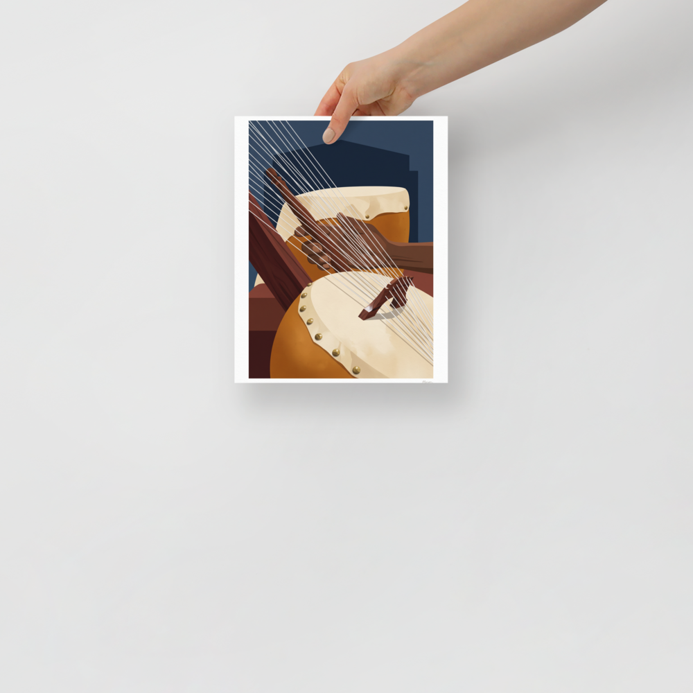 A calmness Modernism print, 'Strings of the Kora'. Close-up illustration of hands plucking a kora harp lute with a drum in the background, ideal for a studio.