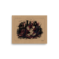 An expressionist woodcut print of burning papers and structures in an office wall art print. A Expressionism art print titled 'Burn Record 1923'.