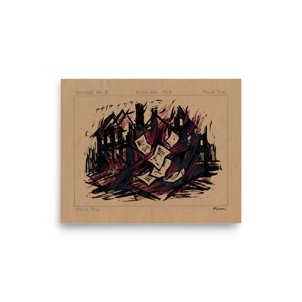 An expressionist woodcut print of burning papers and structures in an office wall art print. A Expressionism art print titled 'Burn Record 1923'.