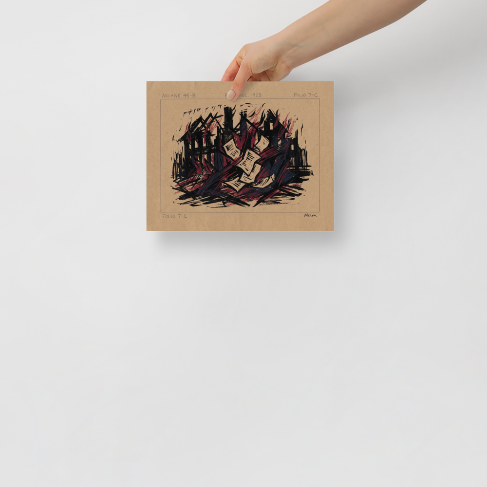 A striking Expressionism print, 'Burn Record 1923'. An expressionist woodcut print of burning papers and structures in an office wall art print.