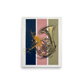 Golden French horn drawing layered over navy, pink, and olive vertical color blocks with expressive paint splatters, perfect for a studio wall. 'Resonance in Brass', a Abstract art print for the wall.