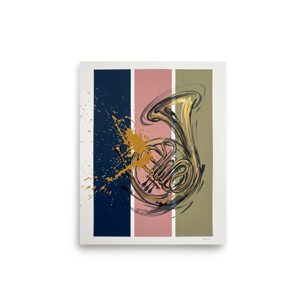 Golden French horn drawing layered over navy, pink, and olive vertical color blocks with expressive paint splatters, perfect for a studio wall. 'Resonance in Brass', a Abstract art print for the wall.