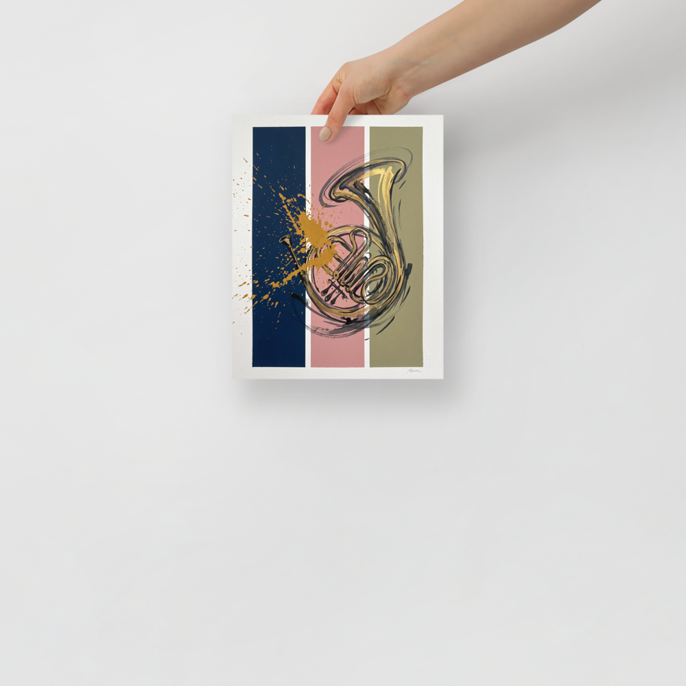 'Resonance in Brass' by Meron. Golden French horn drawing layered over navy, pink, and olive vertical color blocks with expressive paint splatters, perfect for a studio wall. A Abstract art wall art print.