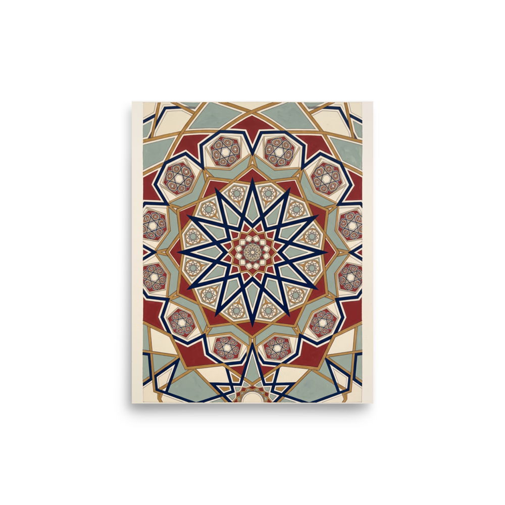 Intricate Moorish star mandala with crimson, blue, and sage tilework, ideal for an entryway. Available as the Arabesque art print 'Star of Cordoba'.