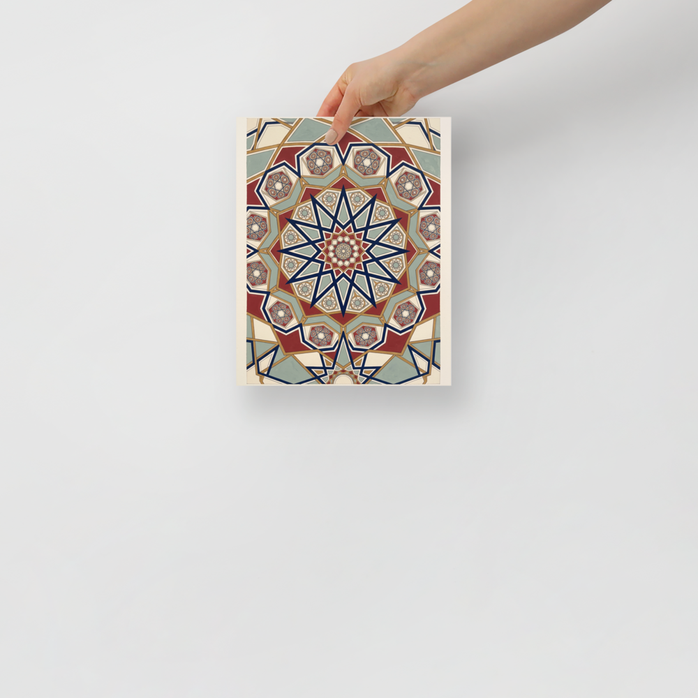 A intricate / ornate Arabesque print, 'Star of Cordoba'. Intricate Moorish star mandala with crimson, blue, and sage tilework, ideal for an entryway.