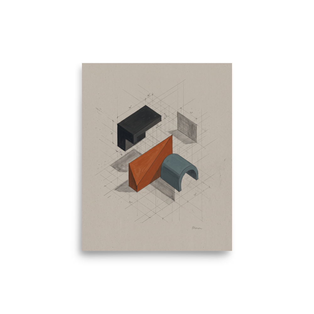 Fine art print 'Axonometric Study' in a Constructivism style. An elegant architectural axonometric drawing featuring 3D geometric forms and cast shadows on a grid, suited for an office.