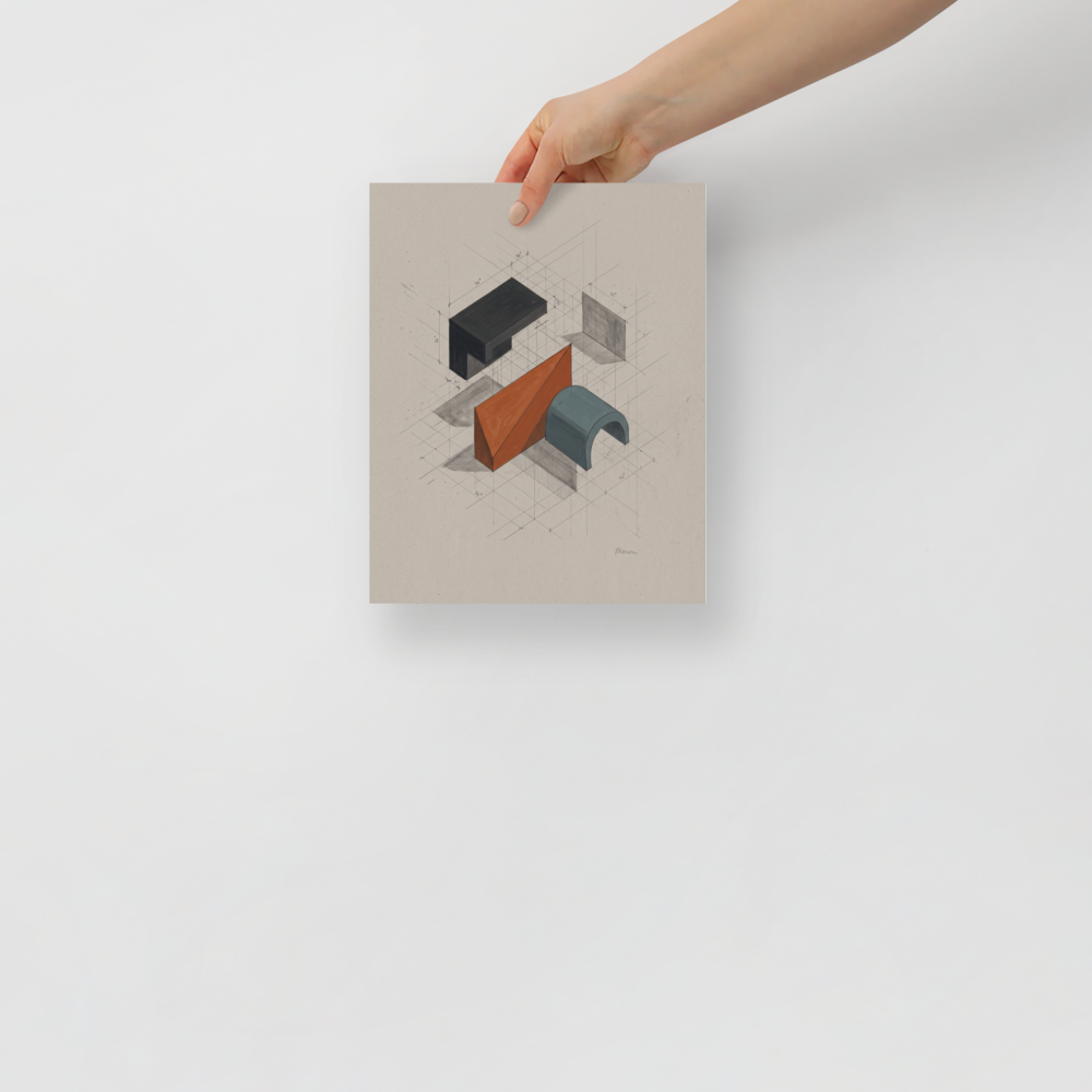 'Axonometric Study', a Constructivism wall art print. An elegant architectural axonometric drawing featuring 3D geometric forms and cast shadows on a grid, suited for an office.