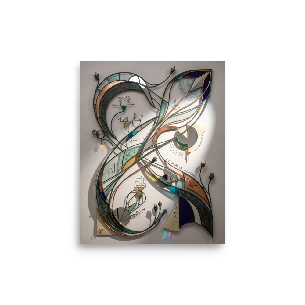A wonder / awe scene in teal and gold, 'The Shape of Intuition'. A sculptural wall art relief of stained glass and patinated metal ribbons etched with scientific equations and light diagrams, creating a striking focal point for a modern office or living room.