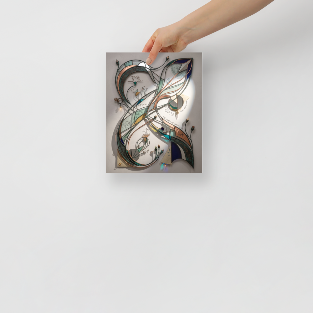 A sculptural wall art relief of stained glass and patinated metal ribbons etched with scientific equations and light diagrams, creating a striking focal point for a modern office or living room. A Lyco art print with a multidimensional art look, titled 'The Shape of Intuition'.